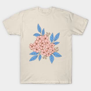 Vintage hydrangea flowers botanical design in pink and green T-Shirt